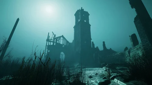 Ancient Tower Ruins in Ghostly Mist