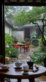 Peaceful Tea Time in Rainy Garden