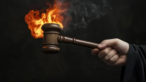Burning Gavel Held by Hand
