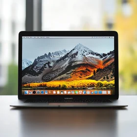 Laptop Displaying Mountain Wallpaper on Desk