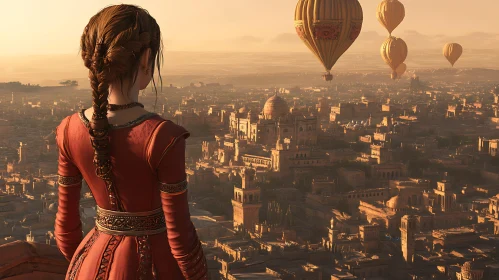 Cityscape View with Woman and Balloons