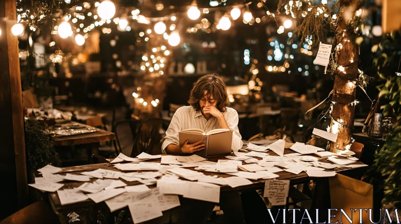 Reader Immersed in Literature at Night