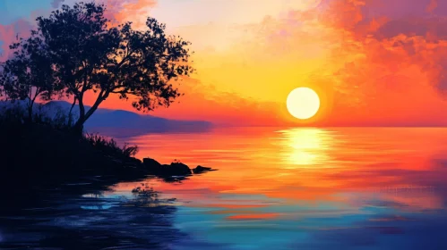 Seascape Sunset with Tree Silhouette