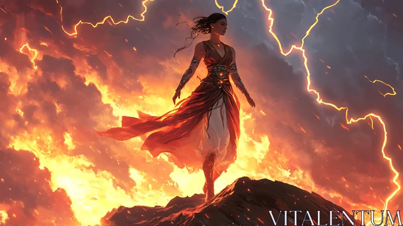 Empowered Woman in Fiery Storm
