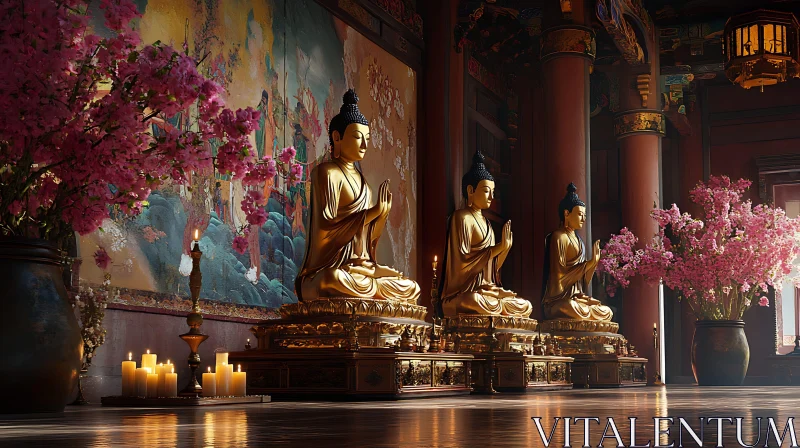 Serene Buddha Temple with Pink Blossoms