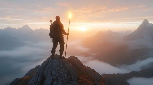 Hiker at Mountain Peak Overlooking Sunrise