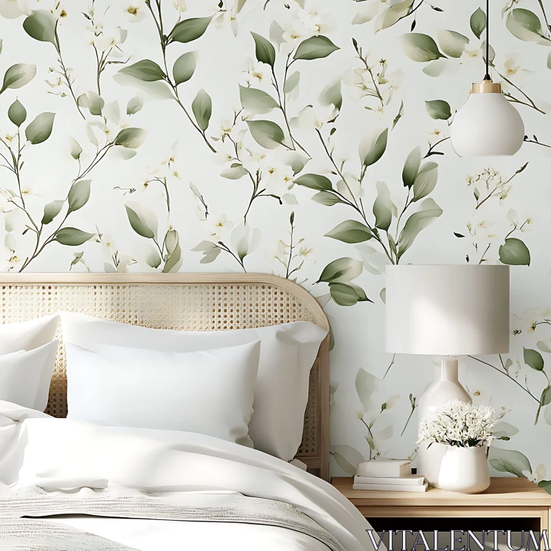 Tranquil Bedroom Interior with Green and White Floral Motif