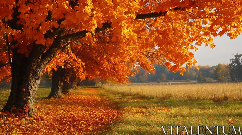 Autumnal Maple Trees in a Grassy Field