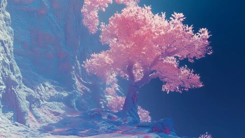 Fantasy Pink Tree on Blue Background