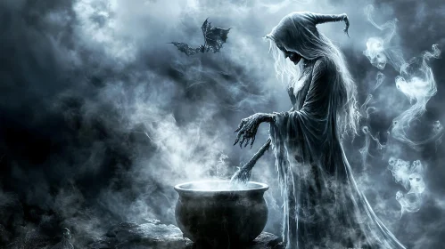 Ghostly Witchcraft Scene with Cauldron