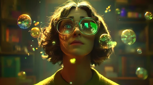 Woman with Glasses Surrounded by Bubbles