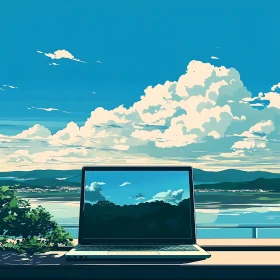 Laptop Displaying Scenic Landscape in Nature