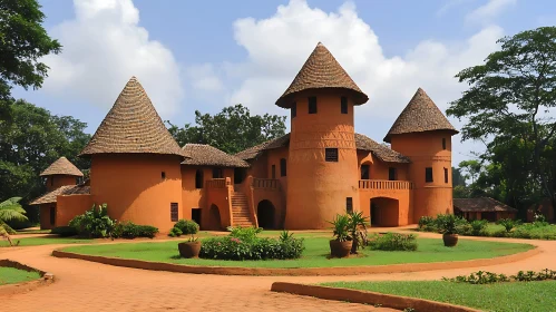 Unique Terracotta Building with Towering Conical Roofs