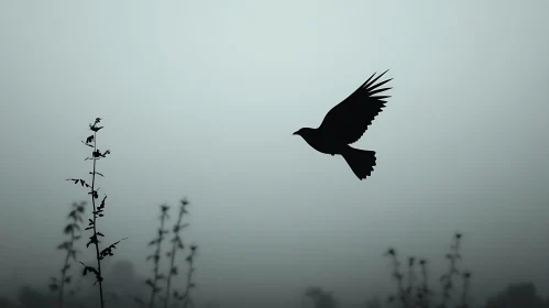 Bird Silhouette Over Foggy Field