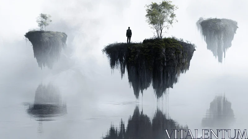 Man on Floating Island in Dreamy Landscape