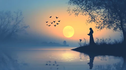 Lake Sunset with Woman Silhouette