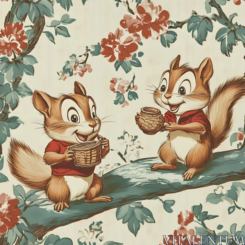 Whimsical Squirrels Cartoon with Basket and Pot