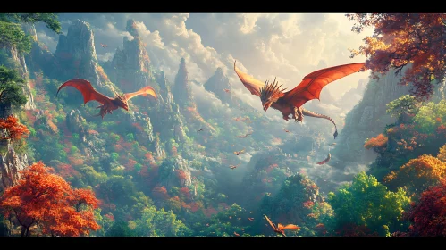 Fantasy Dragons Over Mountainous Terrain