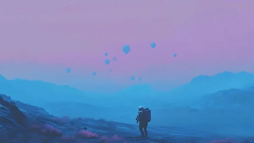Otherworldly Journey: Astronaut and Floating Balloons