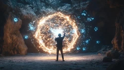 Glowing Orb in Cave, Man Silhouette