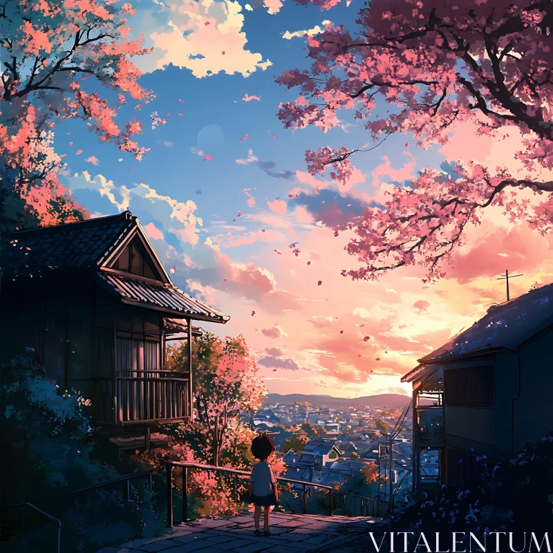 Child Gazing at Sunset in Anime Style