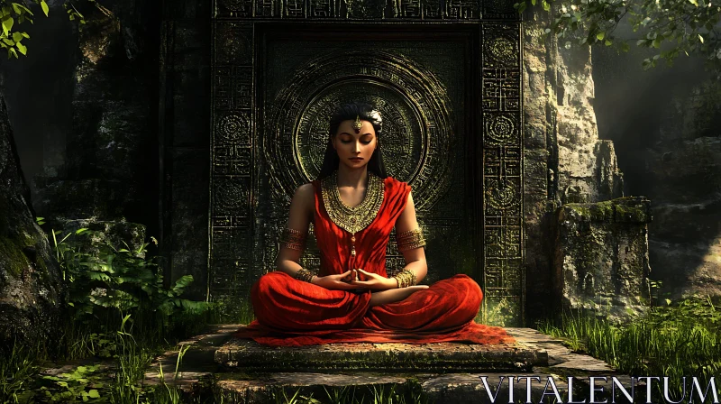 Woman Meditating in Front of Ancient Doorway