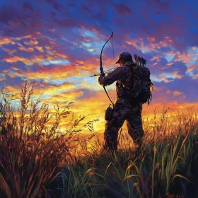 Silhouette of Hunter with Bow at Dusk