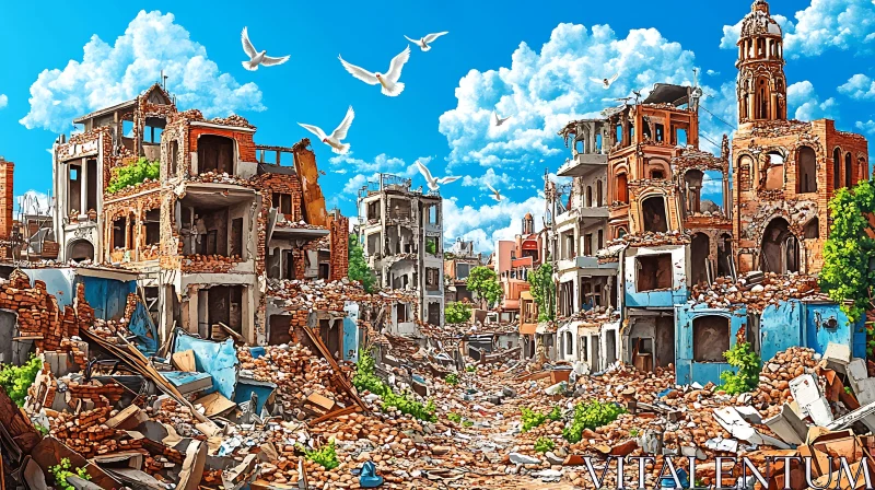 City Ruins and Flying Pigeons