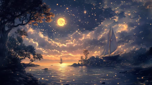 Moonlit Seascape with Sailing Boat