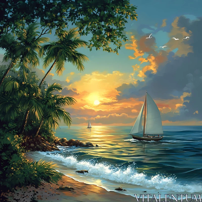 Tranquil Ocean View with Sailboat at Sunset