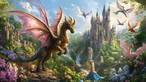 Fantasy Dragon and Princess at Castle