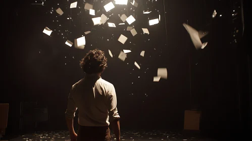 Man Under Floating Papers