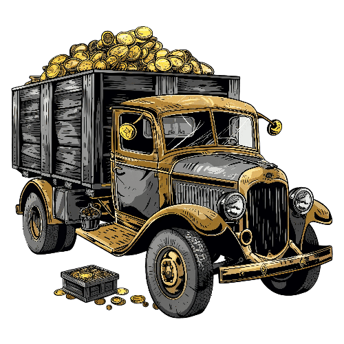 Cartoon Old Truck with Gold Coins Illustration
