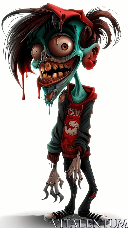 Cartoon Zombie Boy - Black Hoodie, Red Eyes and Green Skin AI Image