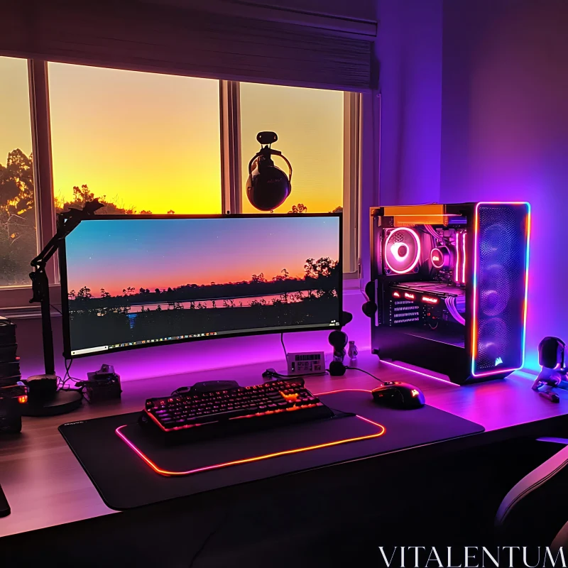 Modern Tech Desk with RGB Lights and Sunset Scene