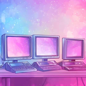 Vintage Monitors on Desk with Neon Gradient
