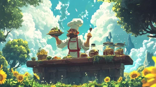 Chef Cooking Outdoors with Sunflowers