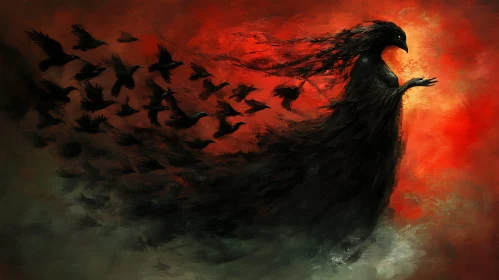 Mystical Bird Woman with Flying Crows