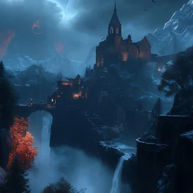 Mountain Castle at Night with Waterfall