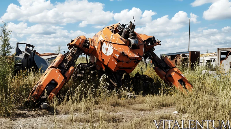 Dilapidated Robot in Grassy Field AI Image