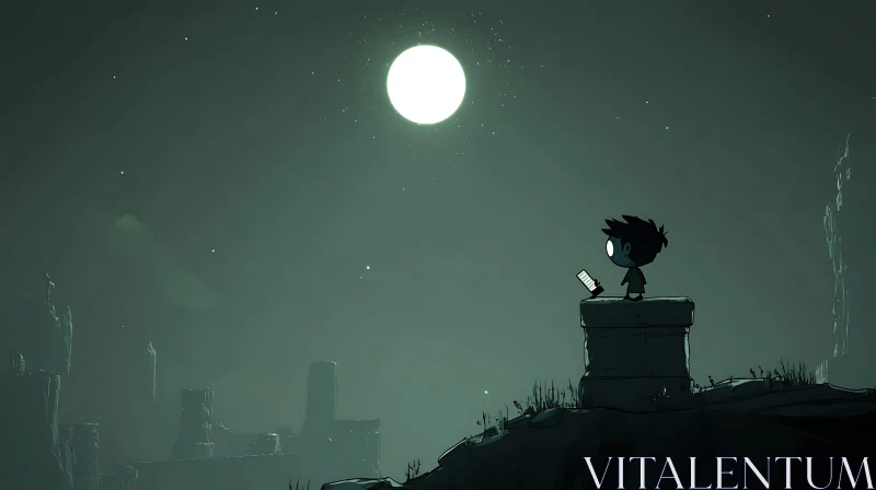 Moonlit Boy on Stone Structure