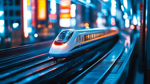 Sleek Train Amidst Neon Lights