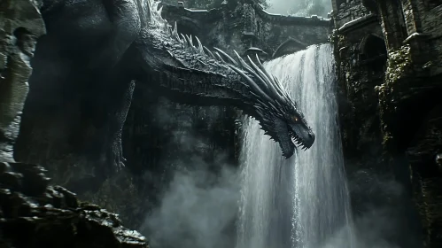 Dragon and Waterfall Fantasy Scene