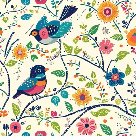 Decorative Nature Pattern with Birds and Flowers