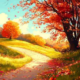 Autumnal Path with Falling Leaves