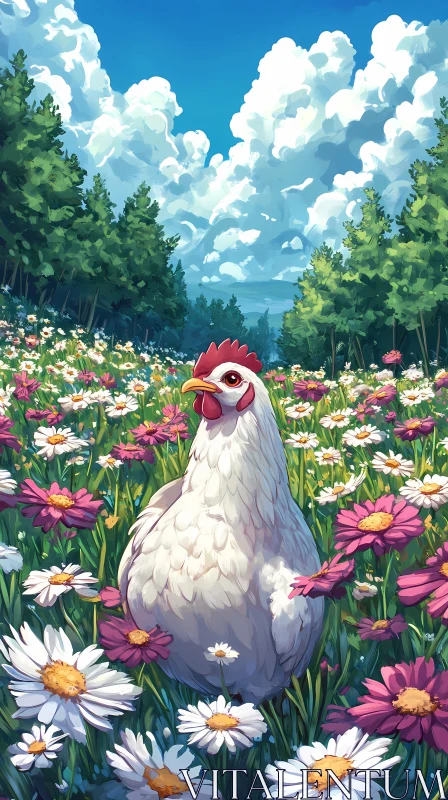 Chicken Amidst Vibrant Wildflowers AI Image