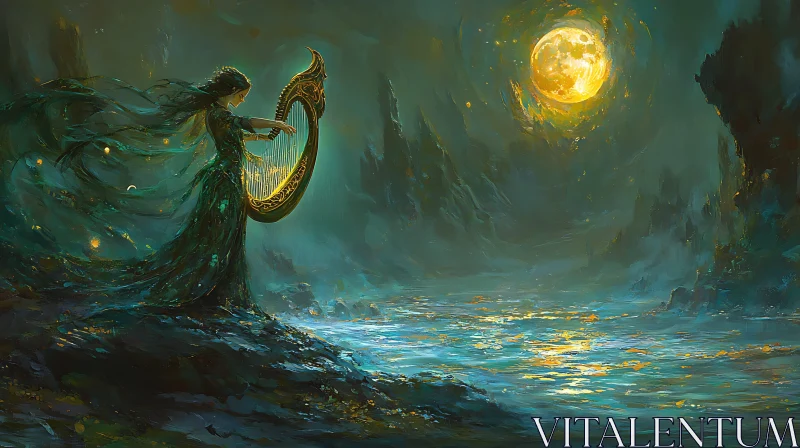 AI ART Moonlit Harpist by the Sea