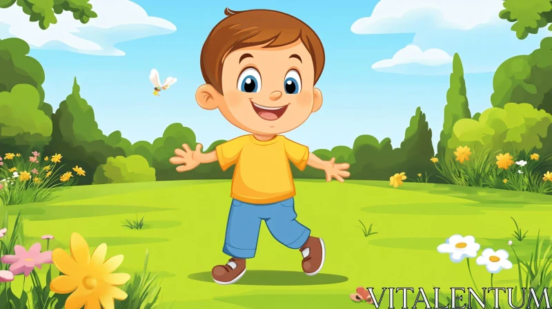 Cartoon Boy Playing Outdoors AI Image