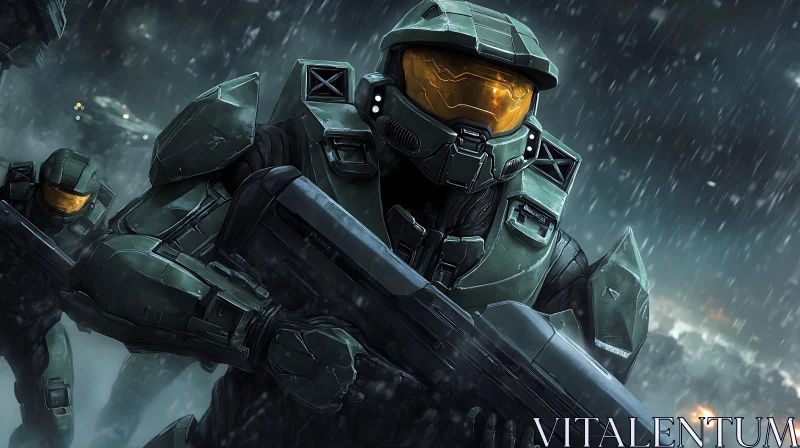 Futuristic Warrior in the Rain