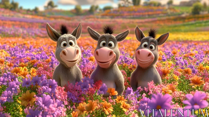 Whimsical Donkeys Among Blossoms